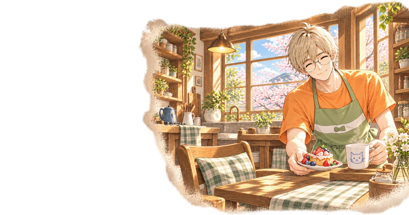 Concept illustration: Bai Ze in round glasses, orange shirt and sage apron offers dessert in the warm kitchen.
