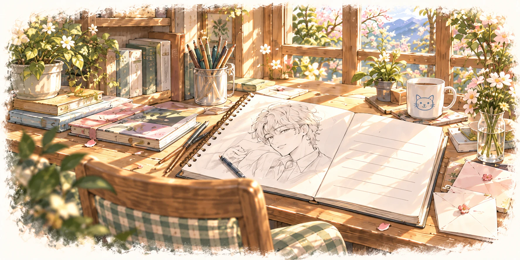 An open sketchbook with an imagined companion’s pencil portrait, beside pencils, a letter and tea on a sunlit desk.