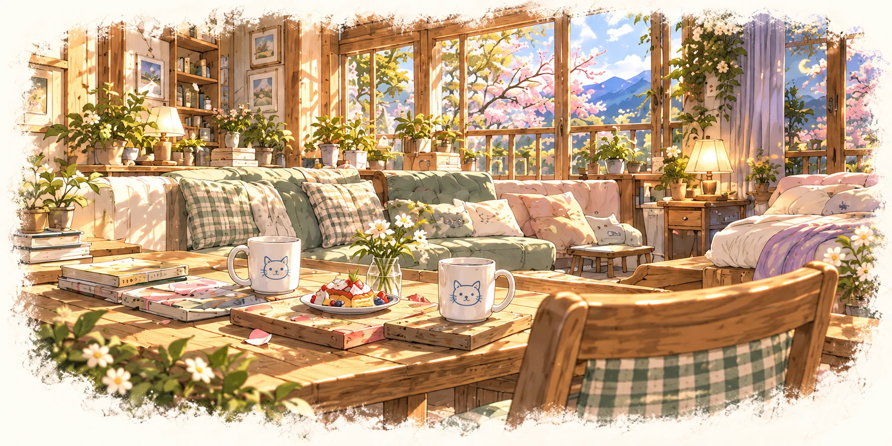 A sunny wooden living room, with a gingham sofa, books, two cat mugs and an empty seat by the window.